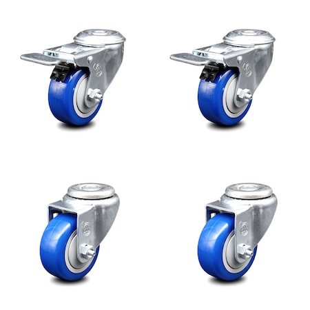 Service Caster 3.5 Inch Blue Polyurethane Swivel Bolt Hole Caster Set with 2 Total Lock Brake SCC-BHTTL20S3514-PPUB-BLUE-2-S-2